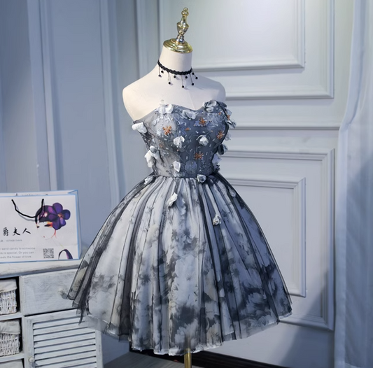 Black A-line sweetheart neck tulle short prom dress, black homecoming dress birthday dress ED1073