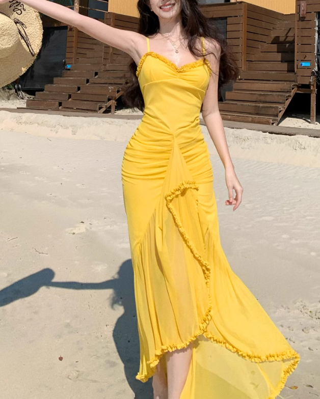French retro yellow holiday style sling fork long skirt ED01080