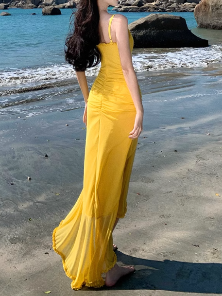 French retro yellow holiday style sling fork long skirt ED01080
