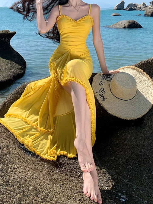 French retro yellow holiday style sling fork long skirt ED01080