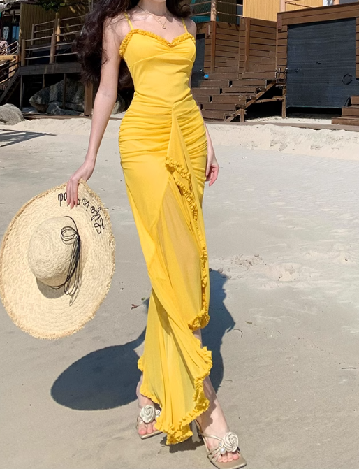 French retro yellow holiday style sling fork long skirt ED01080