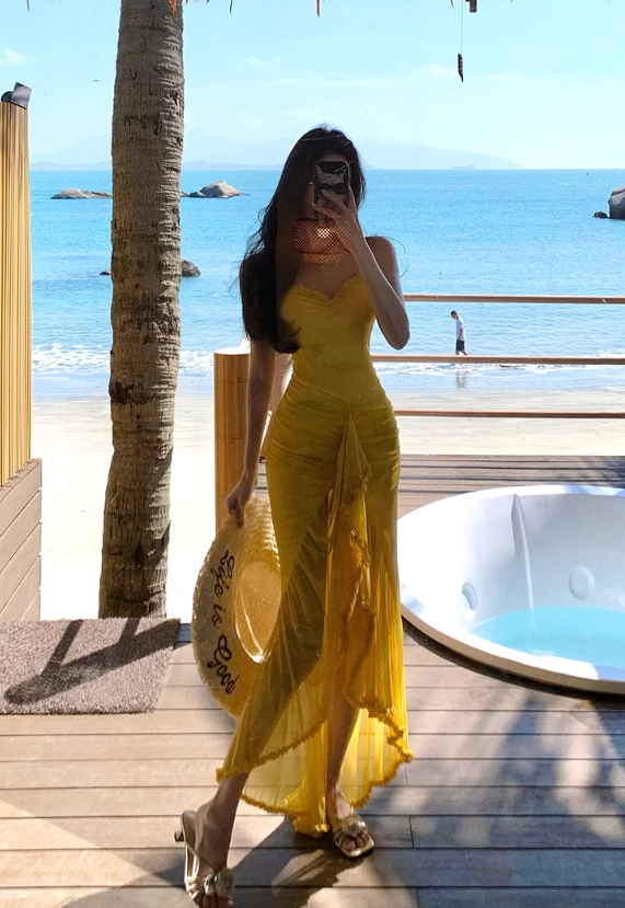 French retro yellow holiday style sling fork long skirt ED01080