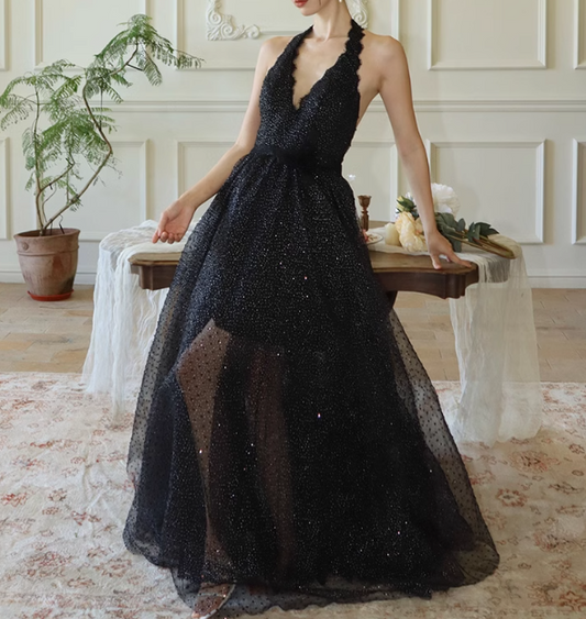 Black fine shimmer tulle dress French halterneck backless dress ED01085