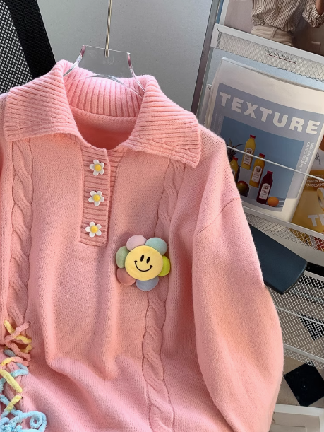 Niedlicher Langarmpullover im College-Stil mit Polokragen ED0108