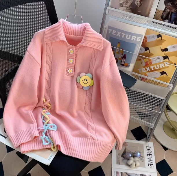 Niedlicher Langarmpullover im College-Stil mit Polokragen ED0108