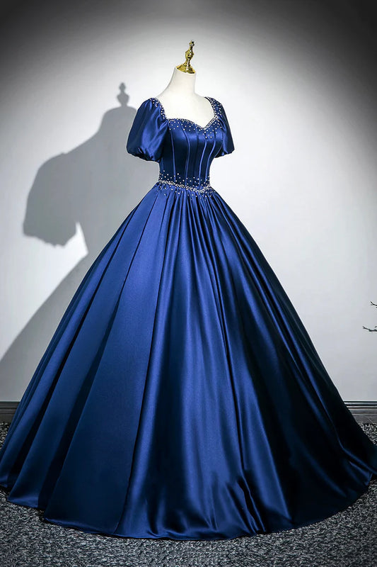Blaues langes A-Linien-Ballkleid aus Satin mit Perlen, elegantes kurzärmeliges Abend- und Partykleid ED01094