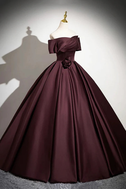 Burgundy Satin Long Prom Dress, Burgundy Off-the-Shoulder Formal Dress ED01095