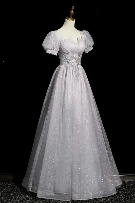 Graues langes Ballkleid aus Tüll mit Perlen, A-Linie, kurzärmeliges Abendkleid, Partykleid ED01096