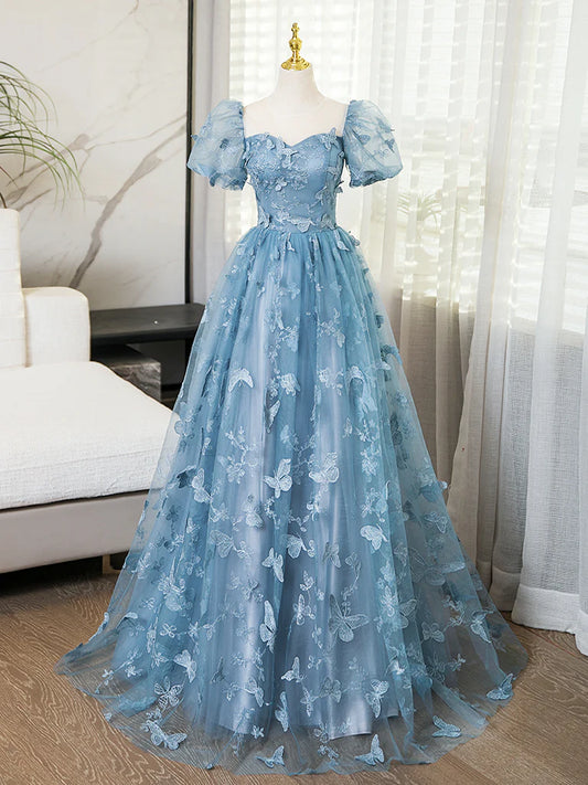 A-Line Puff Sleeves Tulle Gray Blue 3D 3D Butterfly Lace up Long Prom Dress