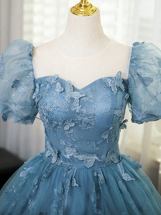 A-Line Puff Sleeves Tulle Gray Blue 3D 3D Butterfly Lace up Long Prom Dress
