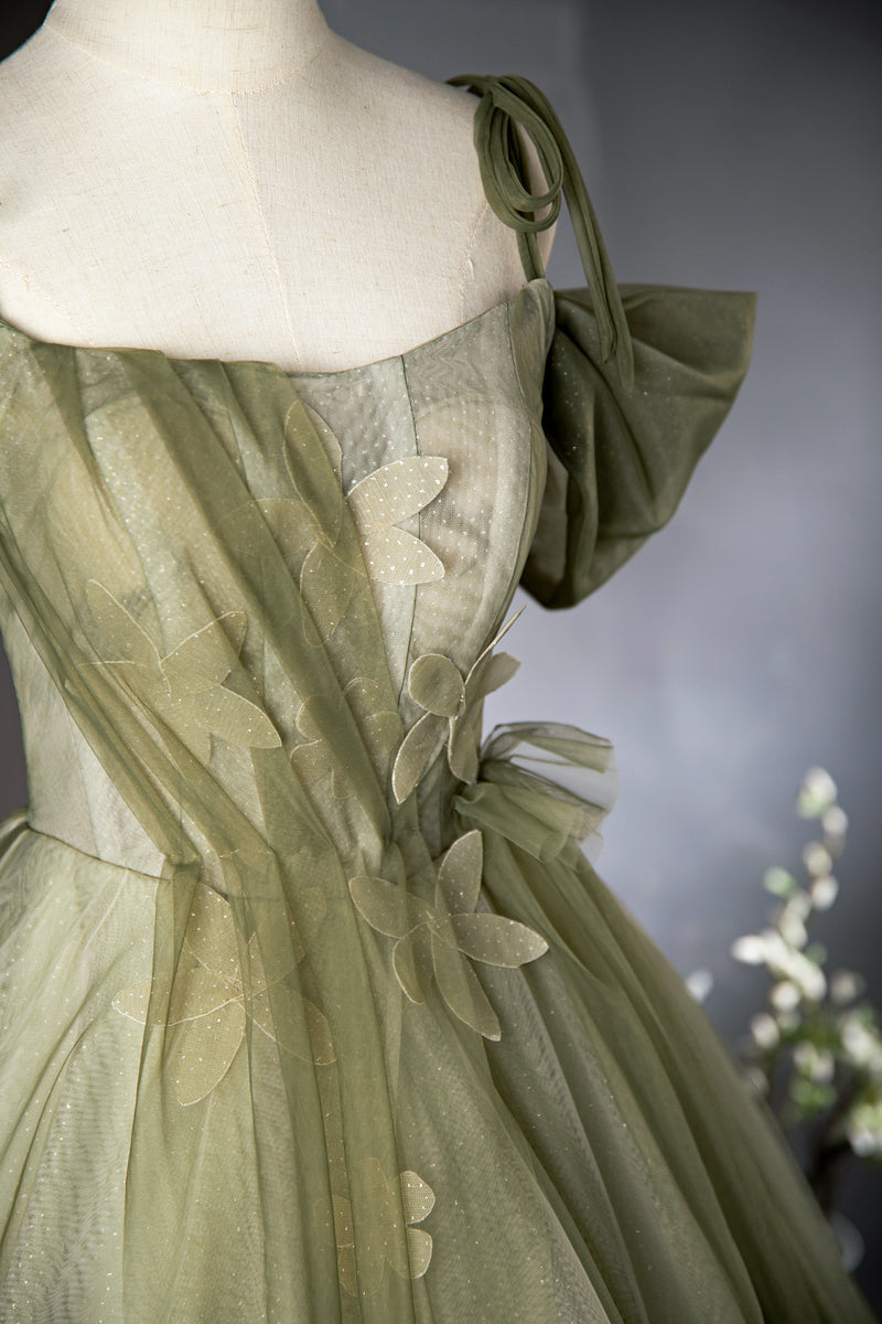 Grünes A-Linien-Tüll-Langballkleid, grünes Brautjungfernkleid ED01099