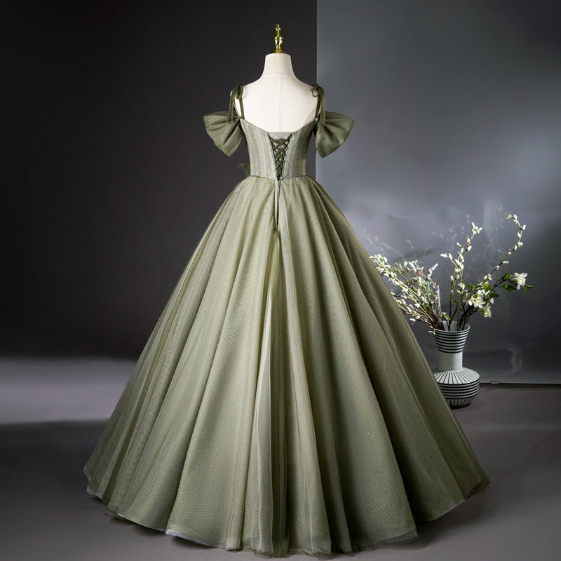 Grünes A-Linien-Tüll-Langballkleid, grünes Brautjungfernkleid ED01099