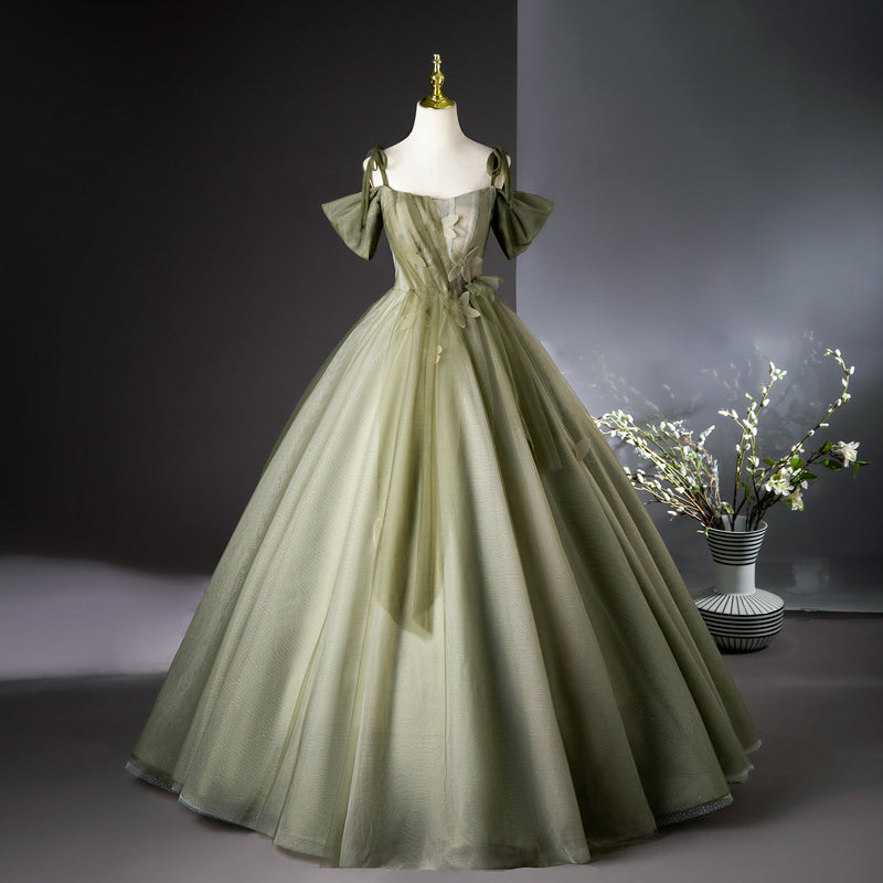 Grünes A-Linien-Tüll-Langballkleid, grünes Brautjungfernkleid ED01099