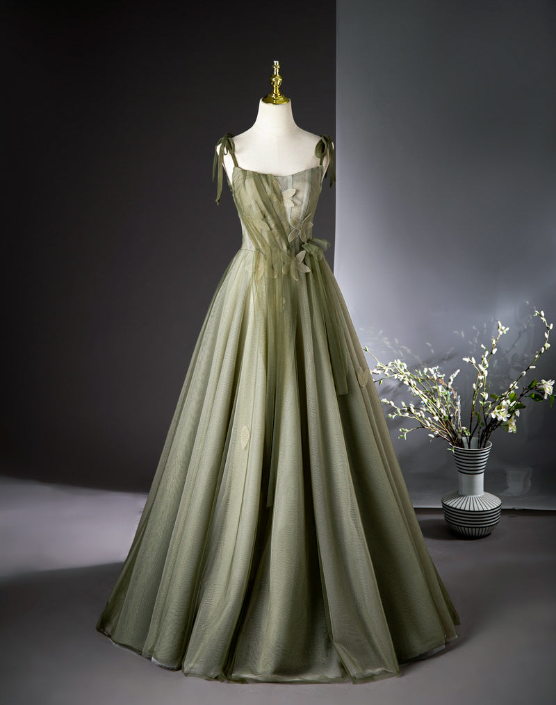 Grünes A-Linien-Tüll-Langballkleid, grünes Brautjungfernkleid ED01099