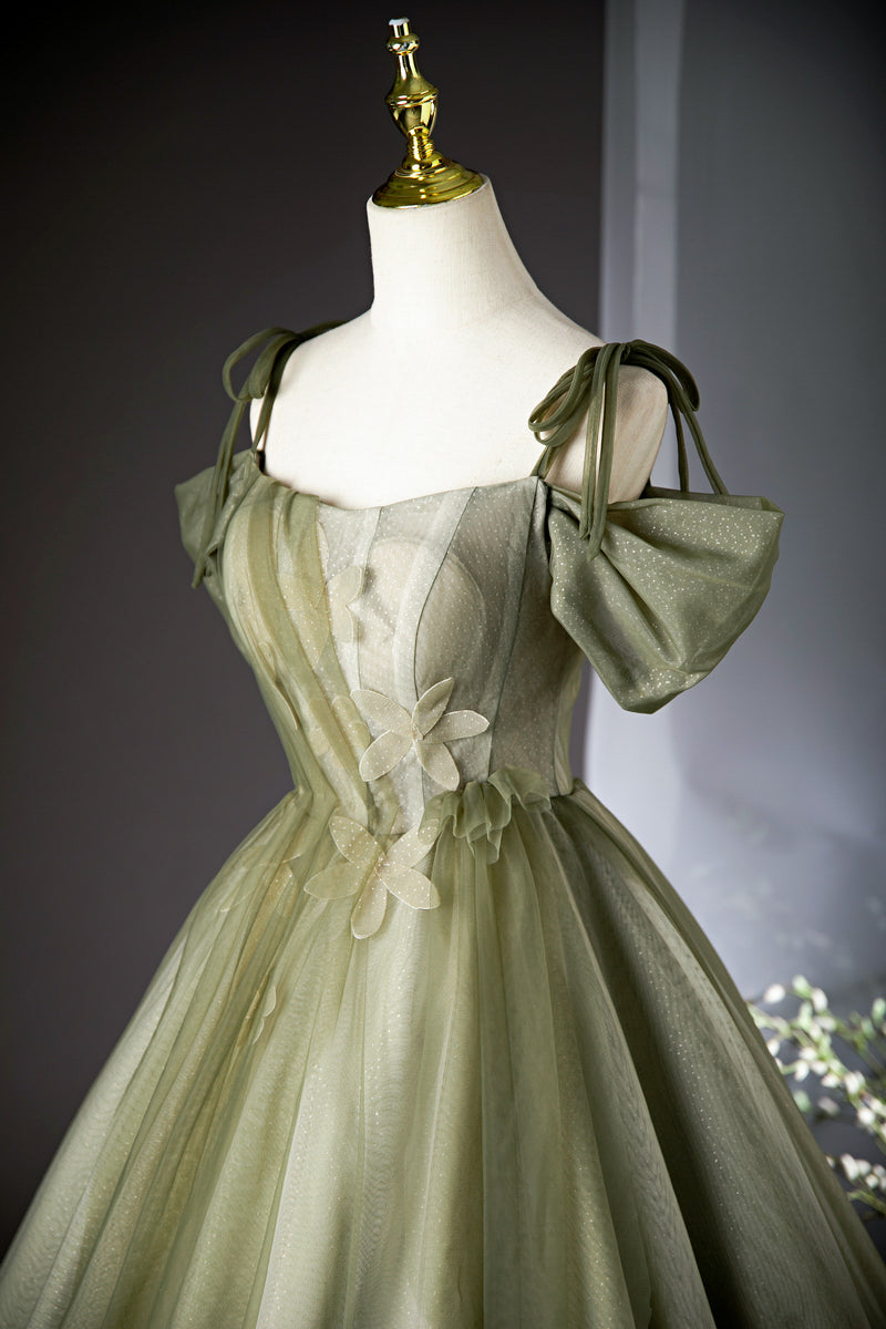Grünes A-Linien-Tüll-Langballkleid, grünes Brautjungfernkleid ED01099