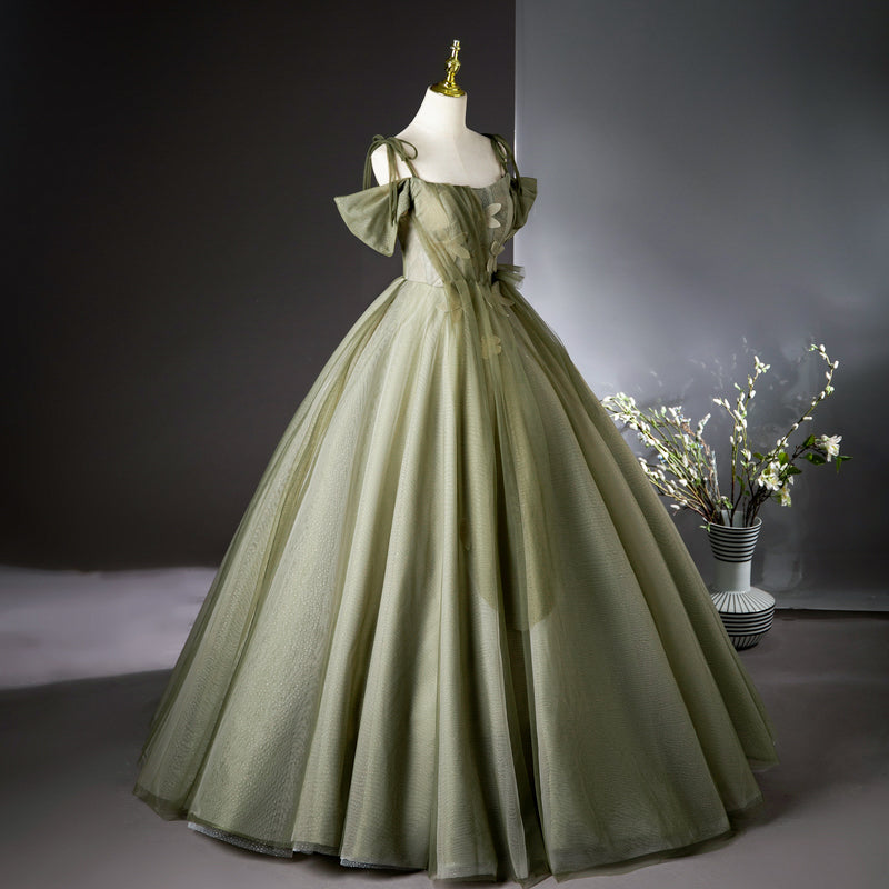 Grünes A-Linien-Tüll-Langballkleid, grünes Brautjungfernkleid ED01099