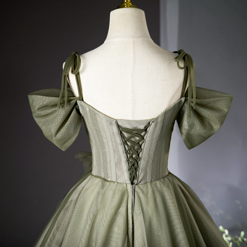 Grünes A-Linien-Tüll-Langballkleid, grünes Brautjungfernkleid ED01099