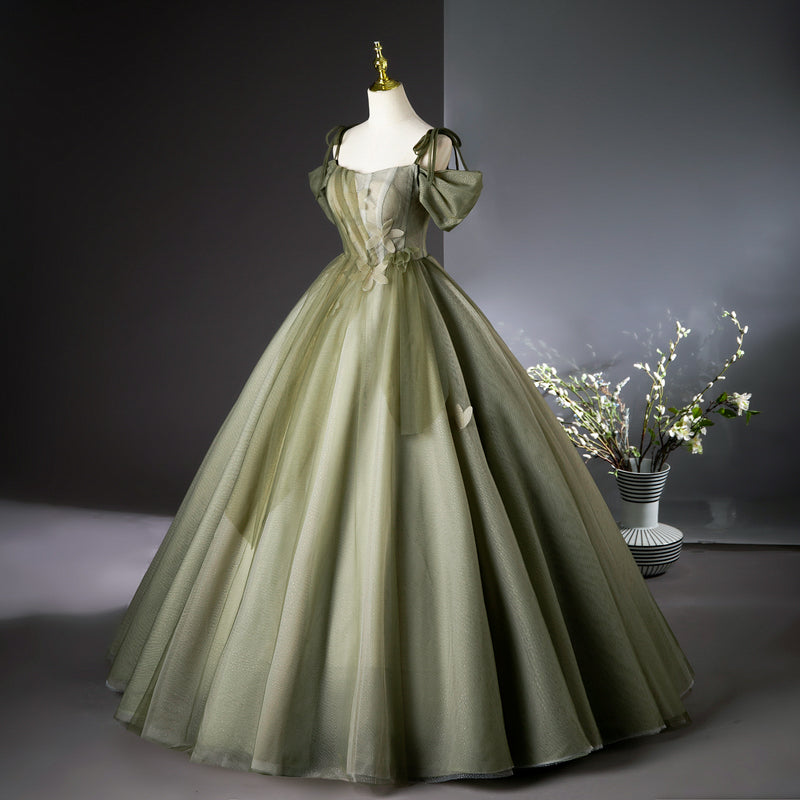 Grünes A-Linien-Tüll-Langballkleid, grünes Brautjungfernkleid ED01099