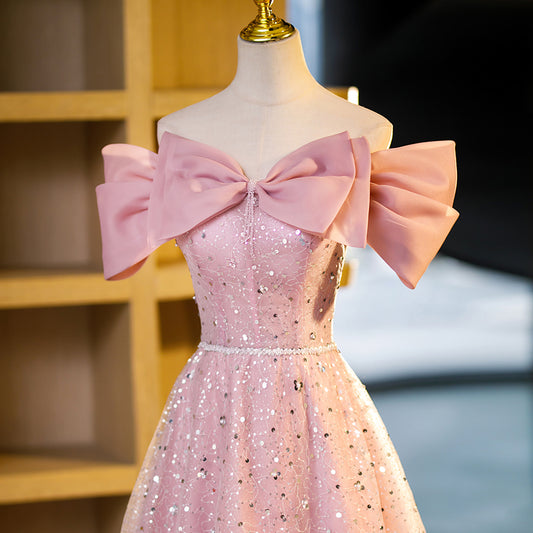 Pink A-line off-shoulder tulle sequin long prom dress, pink evening dress ED01100