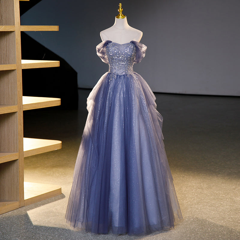 A-line strapless tulle sequin long prom dress, evening dress ED01101