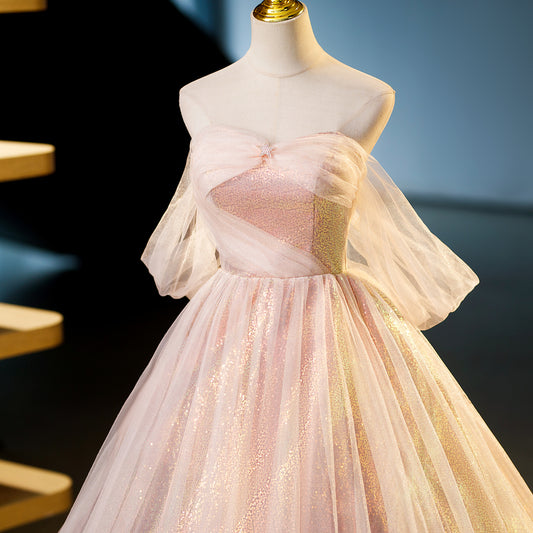 A-line pink sweetheart neckline tulle sequin long prom dress, pink evening dress ED01103