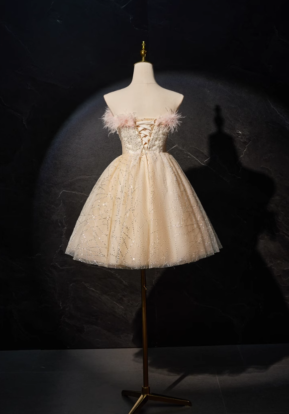 Robe de bal courte en tulle à paillettes, coupe trapèze, couleur champagne, robe Sweet 16, ED01105
