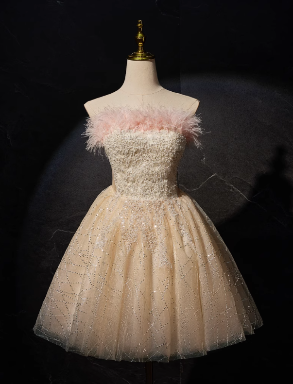 Robe de bal courte en tulle à paillettes, coupe trapèze, couleur champagne, robe Sweet 16, ED01105