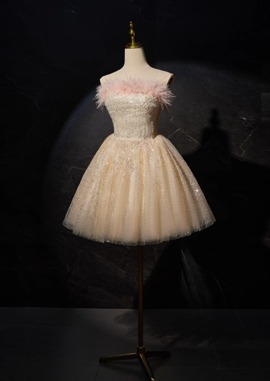 Robe de bal courte en tulle à paillettes, coupe trapèze, couleur champagne, robe Sweet 16, ED01105