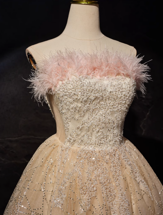 Champagne A-line tulle sequin short prom dress, champagne sweet 16 dress ED01105