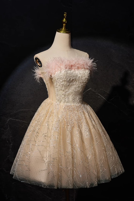 Robe de bal courte en tulle à paillettes, coupe trapèze, couleur champagne, robe Sweet 16, ED01105