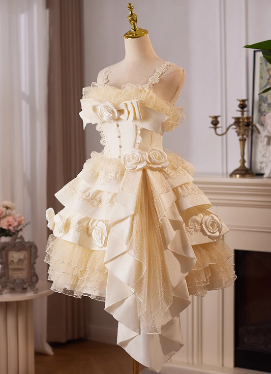 Champagne A-line satin tulle lace short prom dress, champagne birthday dress ED01107