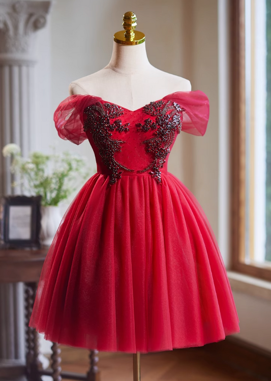 Rotes A-Linien-Tüll-Kurzballkleid, rotes Brautjungfernkleid ED01108