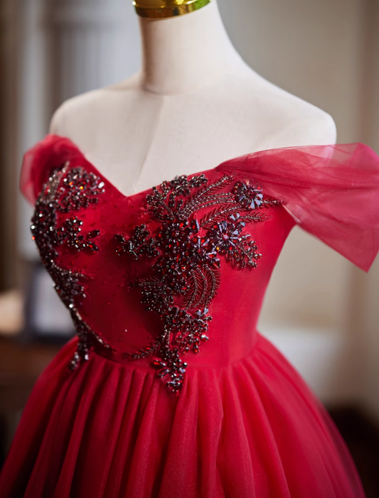 Rotes A-Linien-Tüll-Kurzballkleid, rotes Brautjungfernkleid ED01108