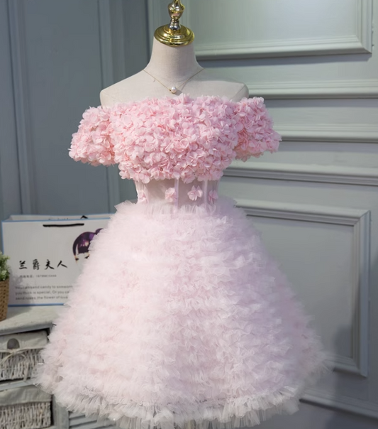 Pink A-line off-the-shoulder tulle short prom dress, pink bridesmaid dress ED01109