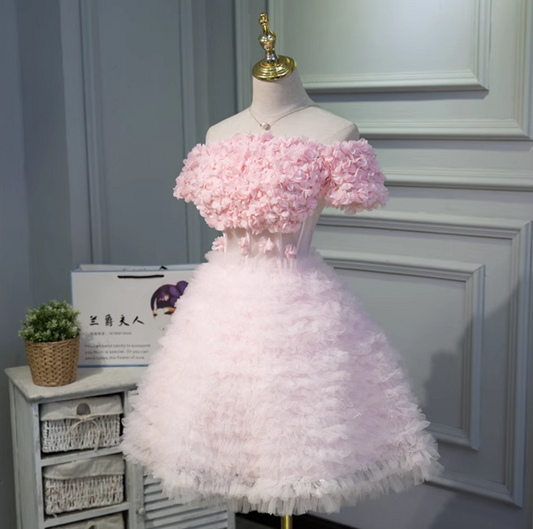 Pink A-line off-the-shoulder tulle short prom dress, pink bridesmaid dress ED01109