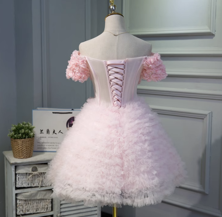 Pink A-line off-the-shoulder tulle short prom dress, pink bridesmaid dress ED01109