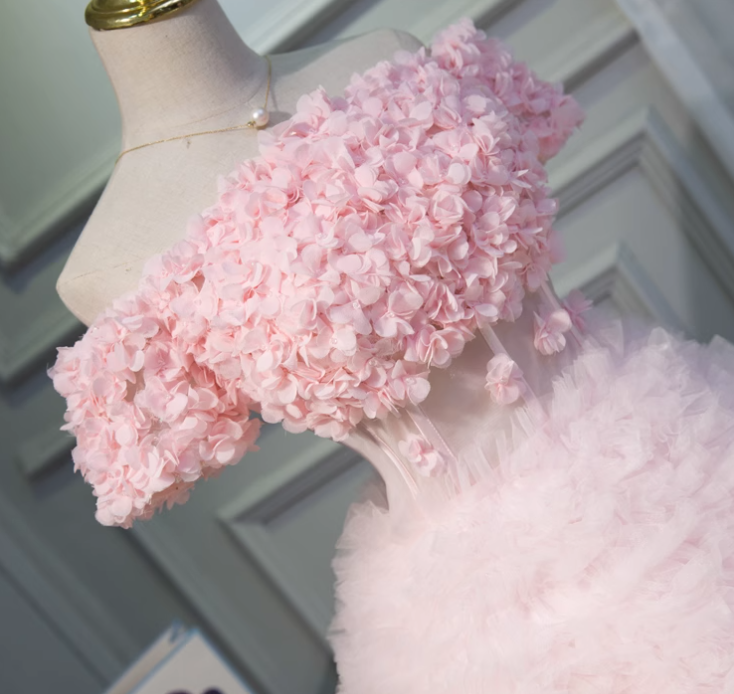 Pink A-line off-the-shoulder tulle short prom dress, pink bridesmaid dress ED01109