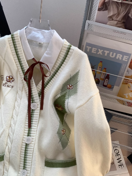 Forest style V-neck sweater autumn and winter new loose lazy college style age-reducing cardigan jacket for women ED0110