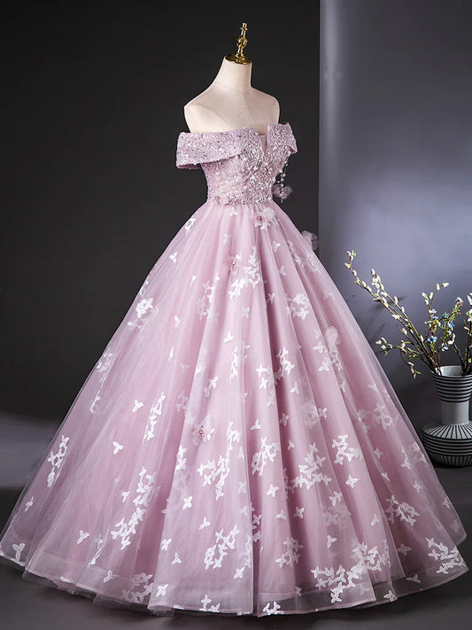 A-Line Off Shoulder Tulle Lace Pink Long Prom Dress, Pink Long Formal Dress ED01110