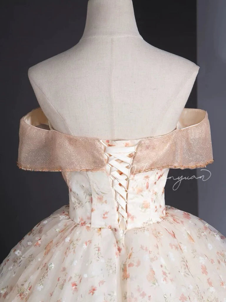 A-Line Off Shoulder Tulle Lace Champagne Long Prom Dress, Champagne Formal Dress ED01111