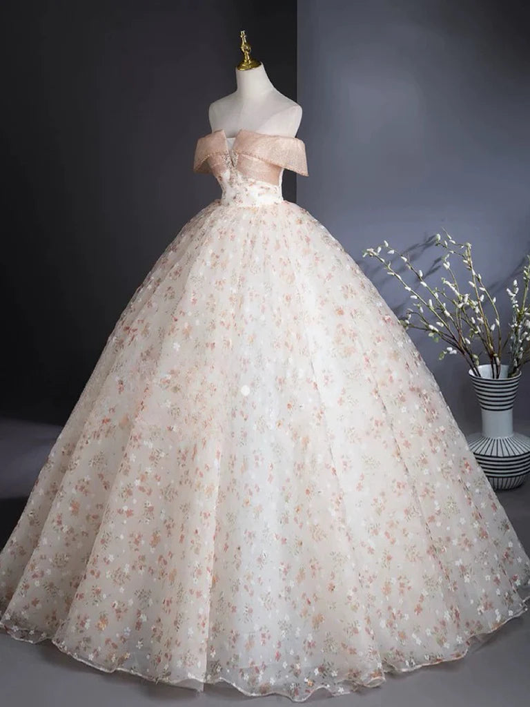 A-Line Off Shoulder Tulle Lace Champagne Long Prom Dress, Champagne Formal Dress ED01111