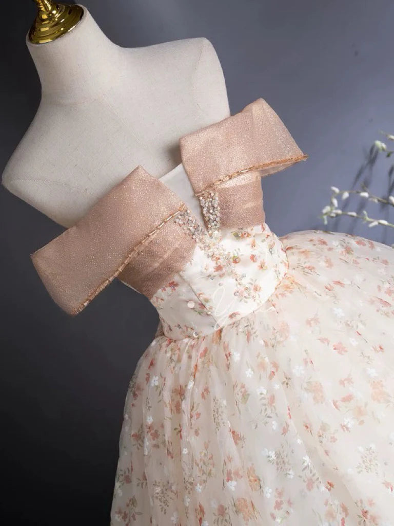 A-Line Off Shoulder Tulle Lace Champagne Long Prom Dress, Champagne Formal Dress ED01111
