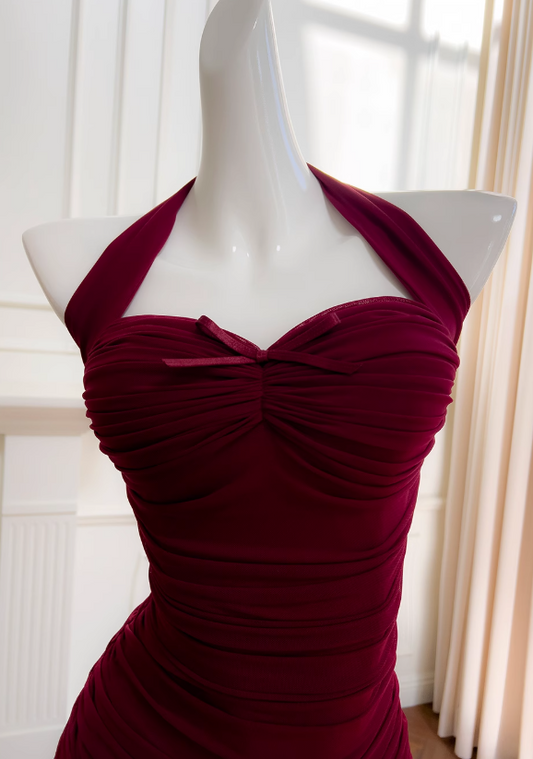 Burgundy tight dress halter neck evening dress birthday dress ED01114