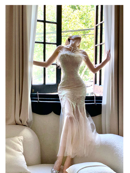 Feather strapless mermaid dress, party dress ED01118