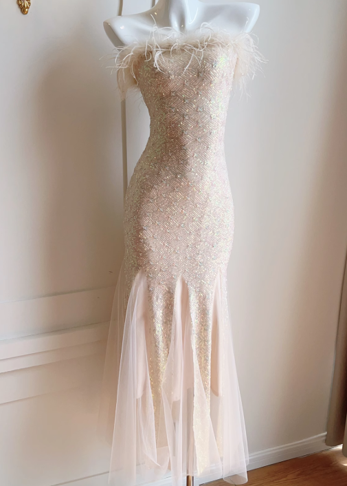Feather strapless mermaid dress, party dress ED01118