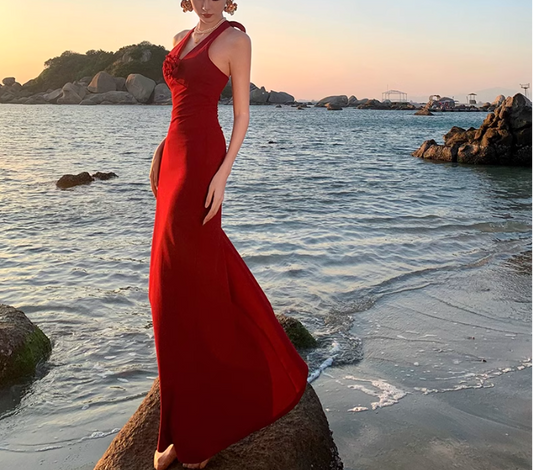 Burgundy Retro V-neck Halter Dress ED01128