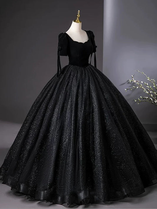 A-Line Tulle Velvet Sequin Black Long Prom Dress, Black Long Evening Dress ED01135
