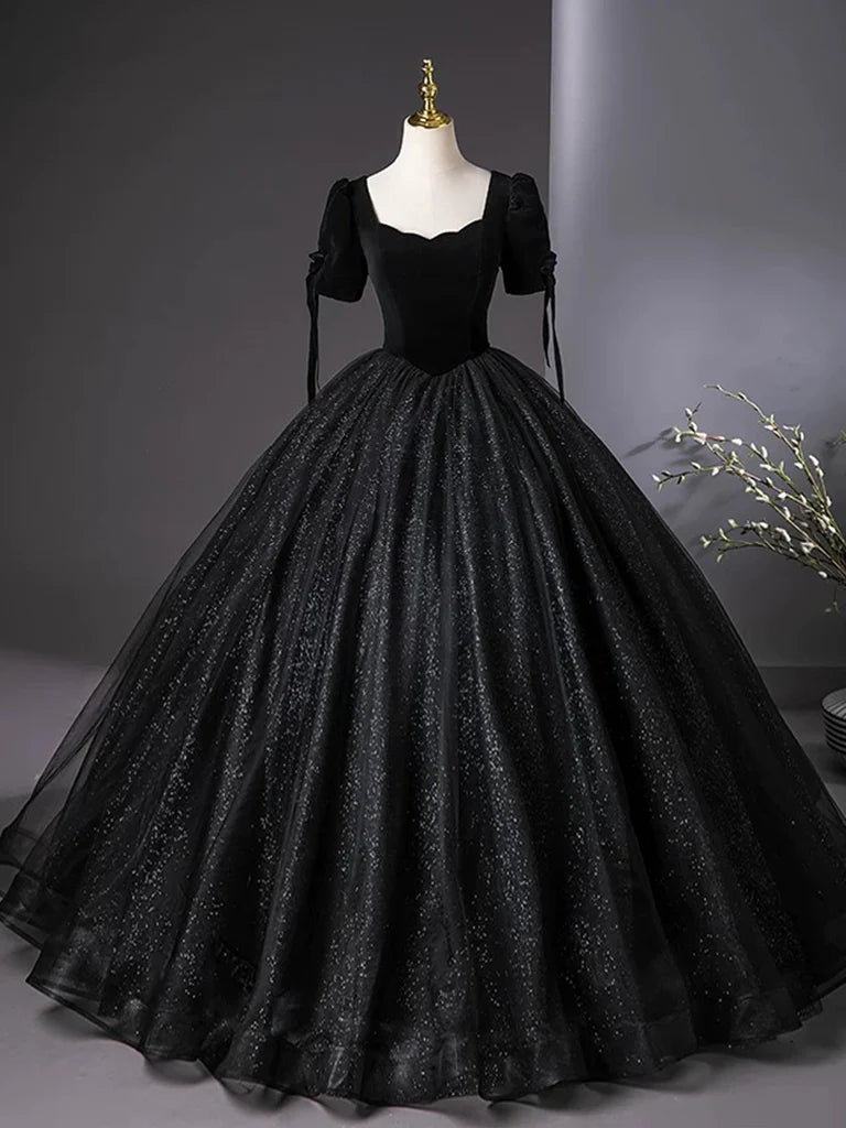 A-Line Tulle Velvet Sequin Black Long Prom Dress, Black Long Evening Dress ED01135