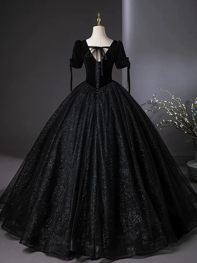A-Line Tulle Velvet Sequin Black Long Prom Dress, Black Long Evening Dress ED01135