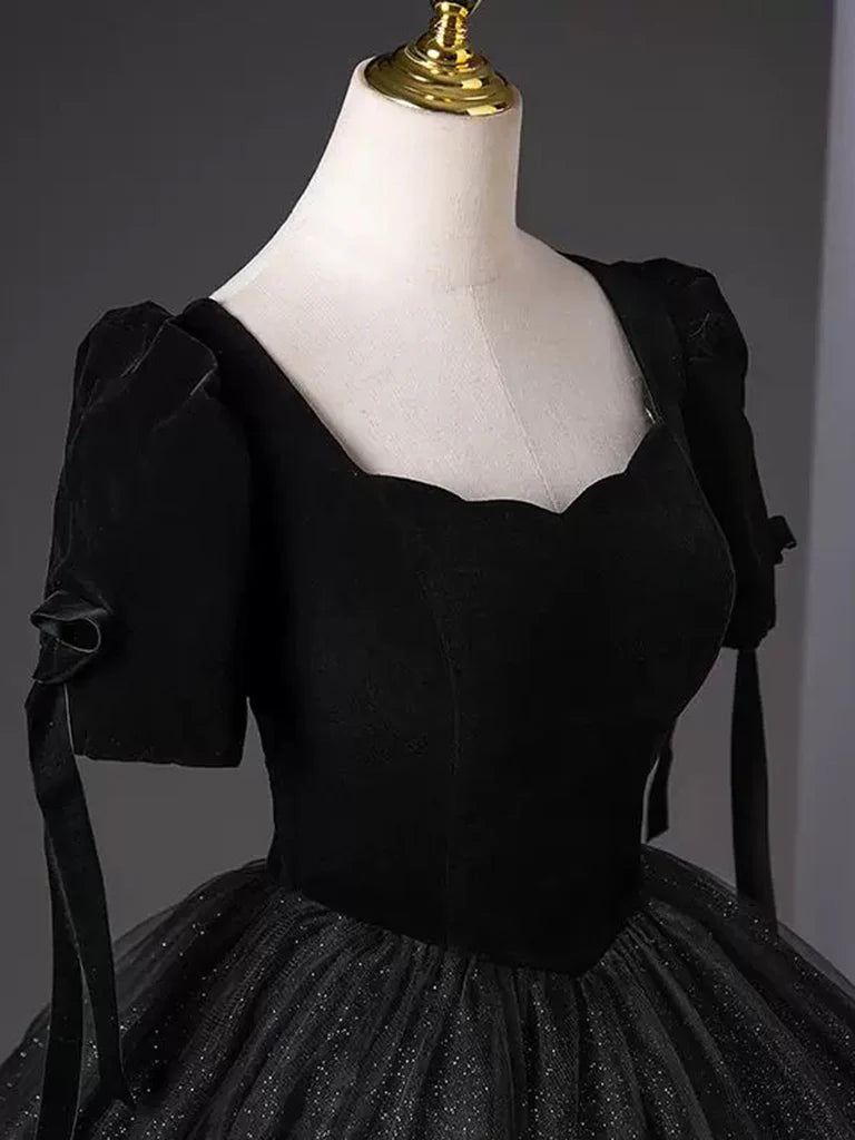 A-Line Tulle Velvet Sequin Black Long Prom Dress, Black Long Evening Dress ED01135